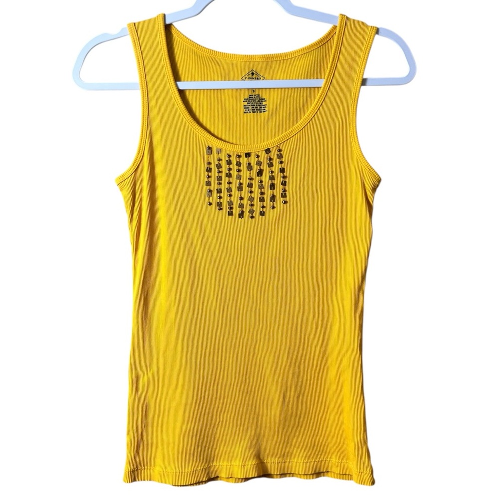 St. John’s Bay Yellow Ribbed Tank Top Gold Beaded Embellishment Cotton Small